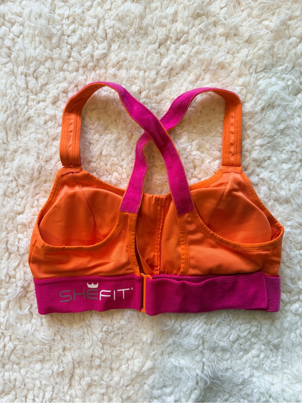 SHEFIT Ultimate Sports Bra Medium High Impact Zip Front Orange Pink Workout - Picture 2 of 5
